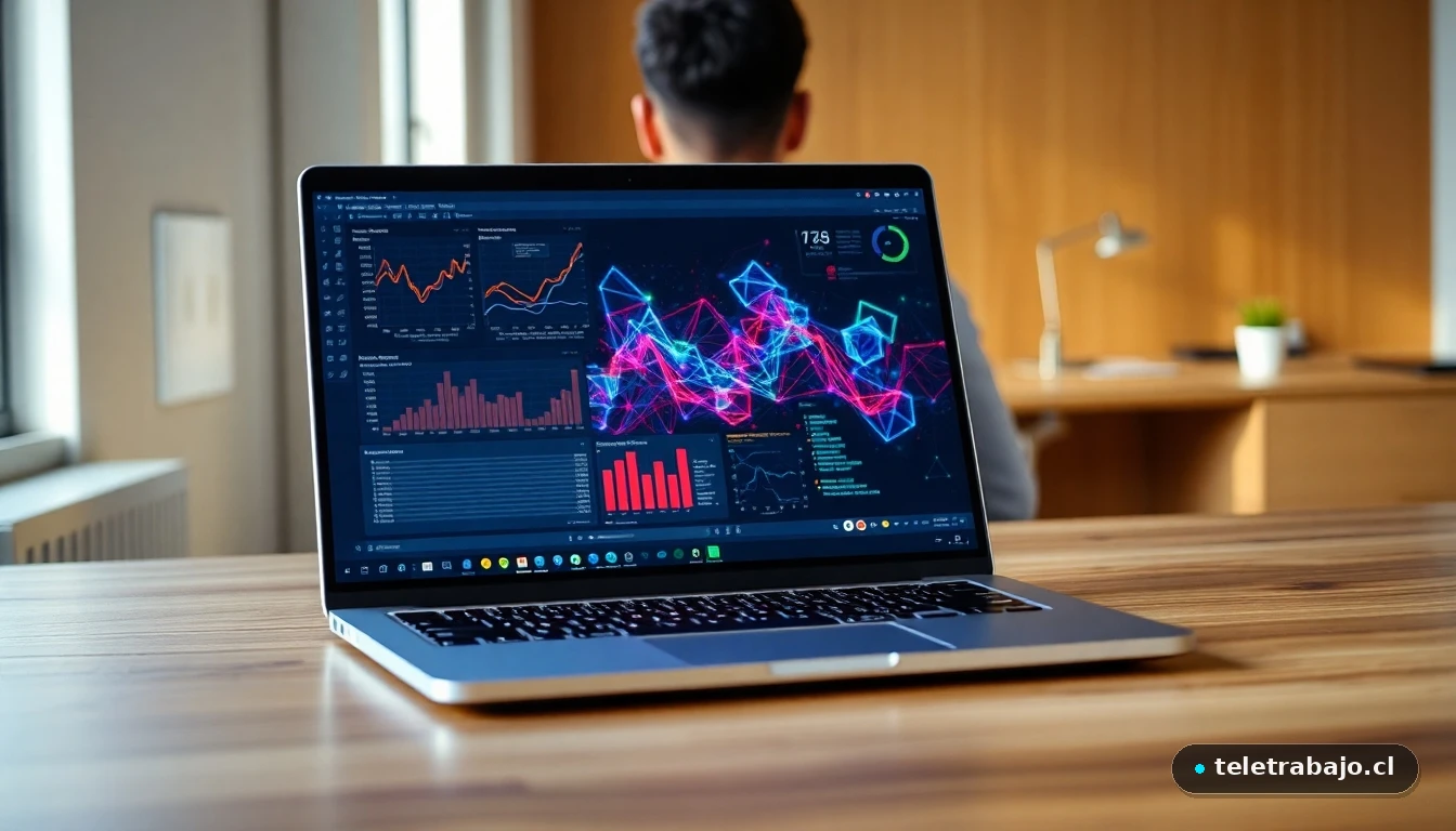Joven profesional hispano trabajando en un proyecto de innovación con inteligencia artificial en una laptop moderna.