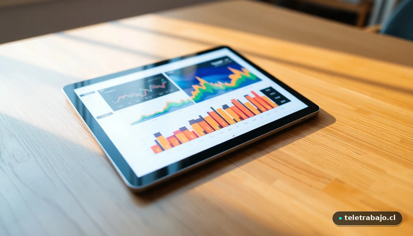 Tableta mostrando gráficos abstractos de colores sobre métricas de ventas y engagement en temporada navideña.