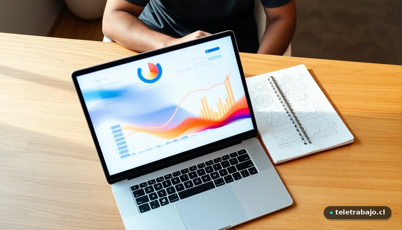 Profesional hispano trabajando en su propuesta de valor con gráficos abstractos en su computador portátil.