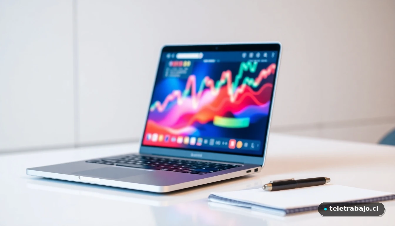 Laptop en una mesa de oficina mostrando gráficos abstractos de colores sobre diversidad e inclusión laboral.