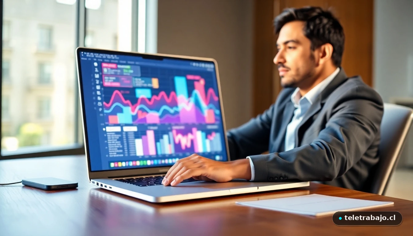 Hombre hispano analizando datos abstractos en portátil sobre mesa de oficina moderna