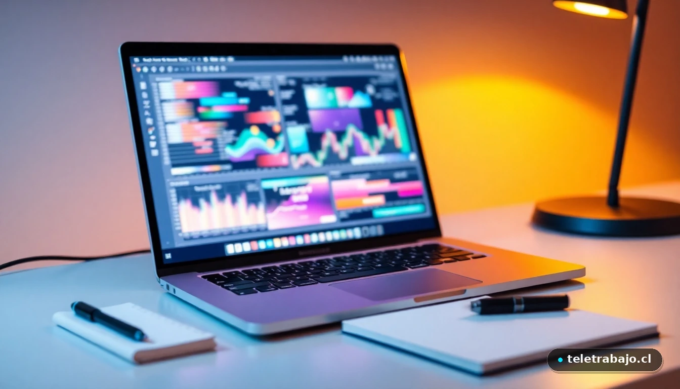 Escritorio moderno con laptop mostrando gráficos de datos abstractos y coloridos, representando el análisis de un currículum ideal.