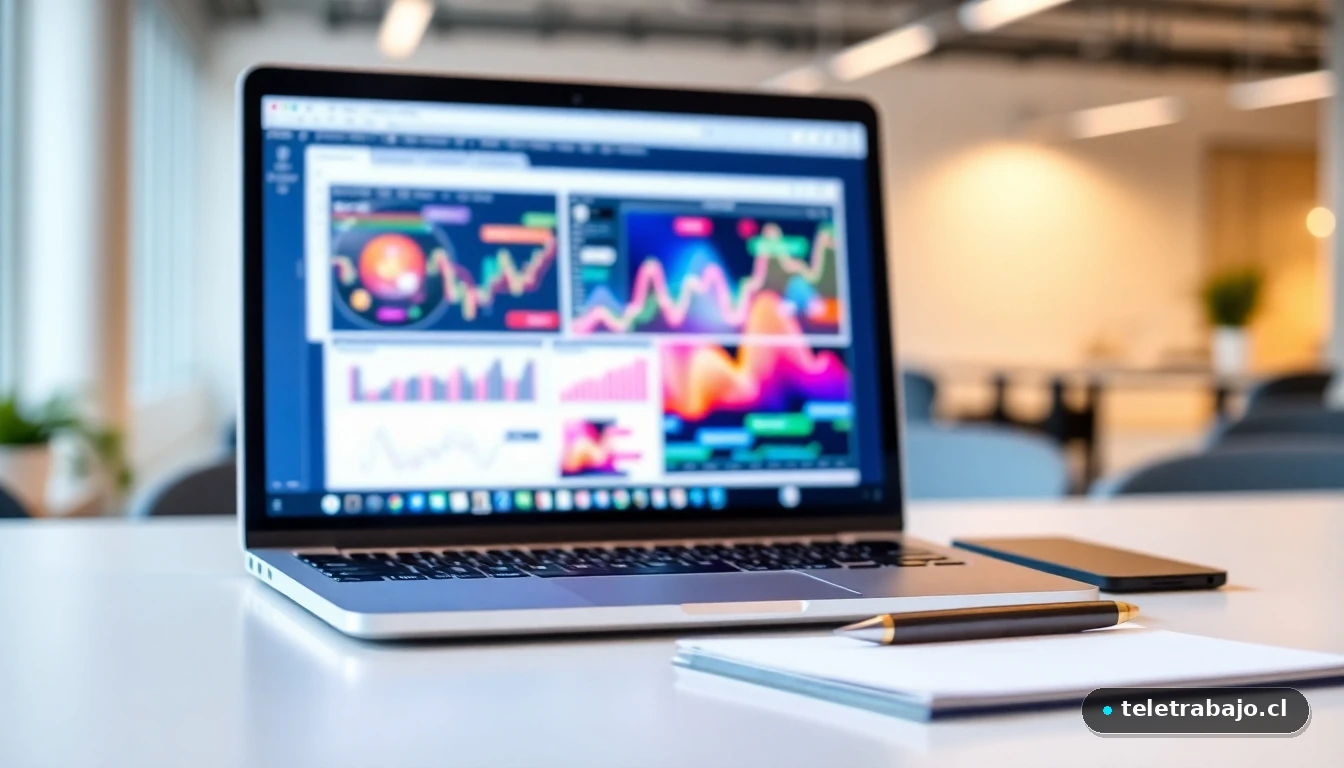 Escritorio moderno con gráficos abstractos de cumplimiento de privacidad de datos en una pantalla de portátil.