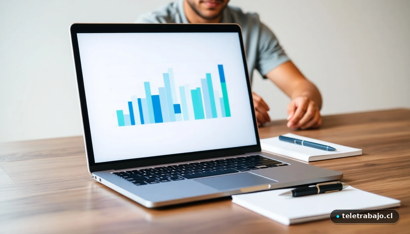 Joven profesional consultando información sobre cotizaciones a la Seguridad Social en su portátil, con gráficos de datos en pantalla.