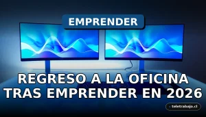 Un profesional latino regresa a una oficina corporativa moderna después de emprender, en un espacio de trabajo tecnológico y limpio.
