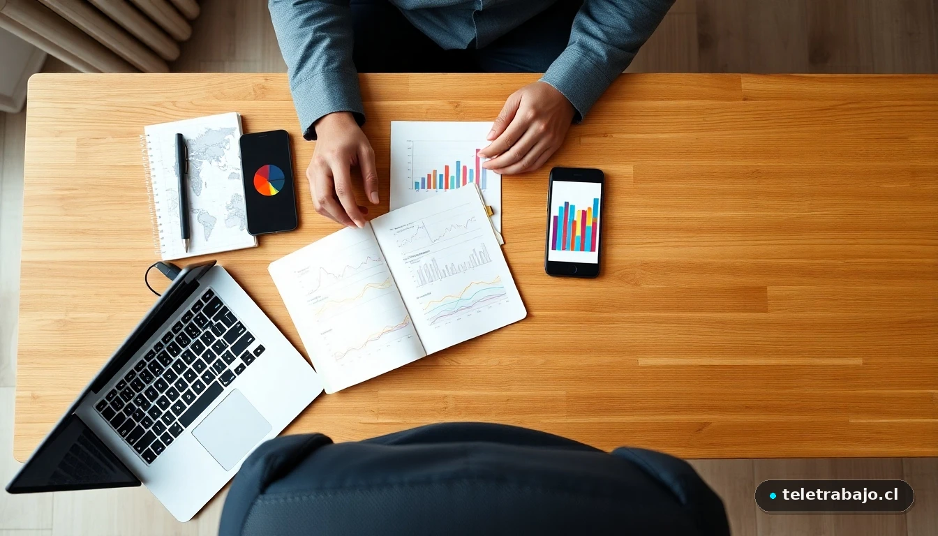 Escritorio moderno de teletrabajo en 2026 con herramientas digitales mostrando análisis de datos abstractos y coloridos.