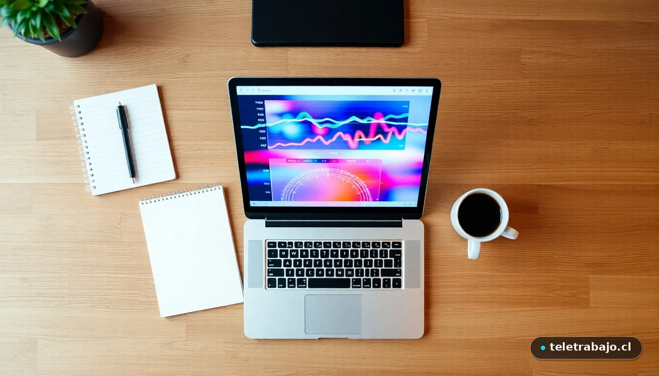 Vista aérea de un escritorio moderno con laptop mostrando gráficos de datos abstractos, representando la preparación para la búsqueda de empleo.