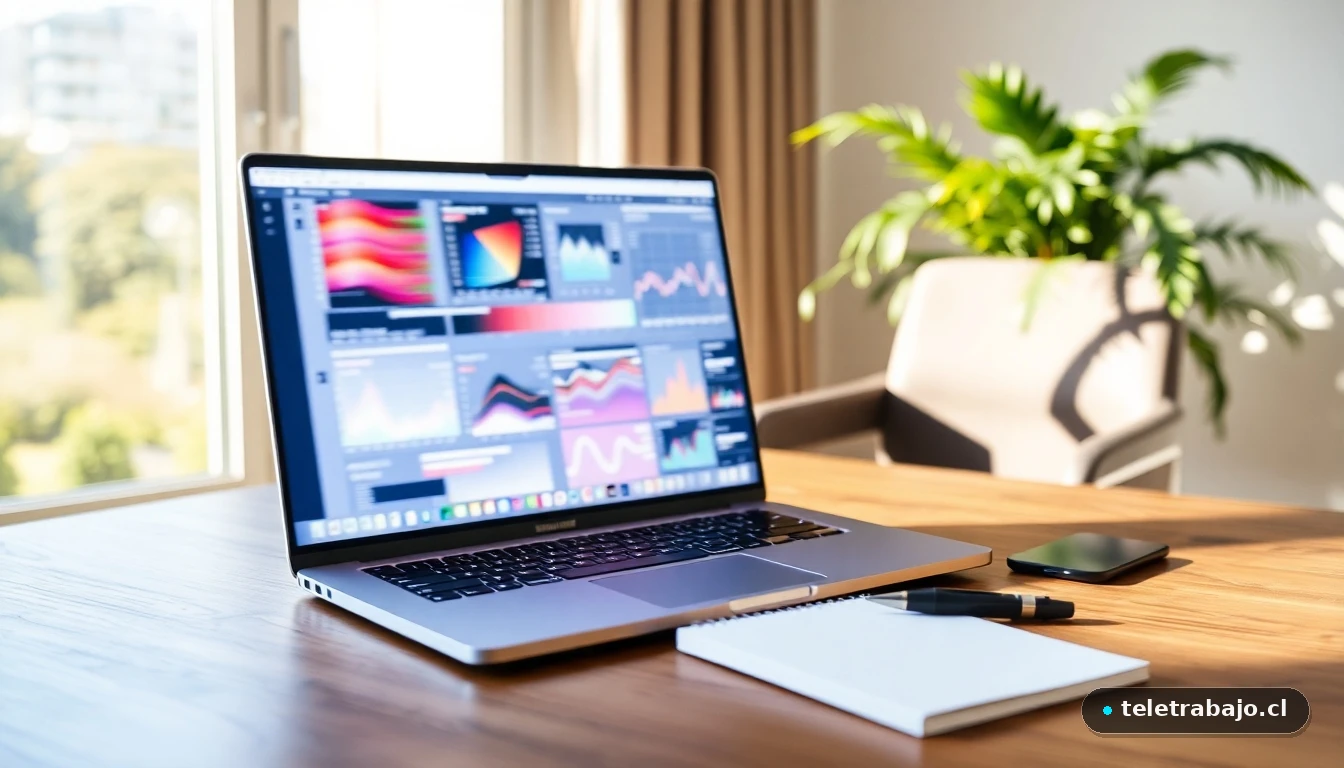 Escritorio moderno con laptop mostrando gráficos de datos abstractos, simbolizando la planificación de una reintegración laboral exitosa.