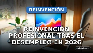Un escritorio moderno de oficina en casa con un portátil mostrando gráficos abstractos, símbolo de reinvención profesional y nuevas oportunidades laborales.