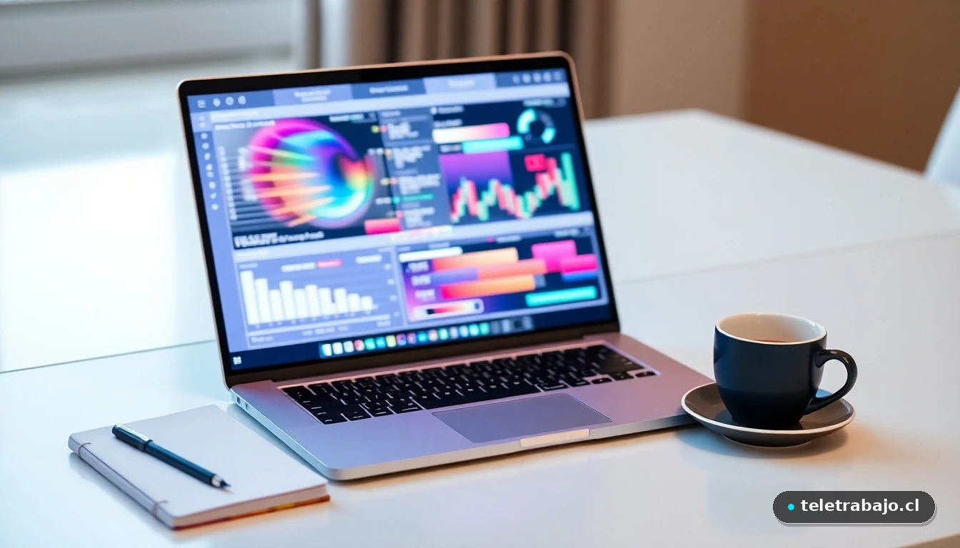 Escritorio moderno con laptop mostrando gráficos de datos abstractos, simbolizando la planificación de una nueva carrera profesional.