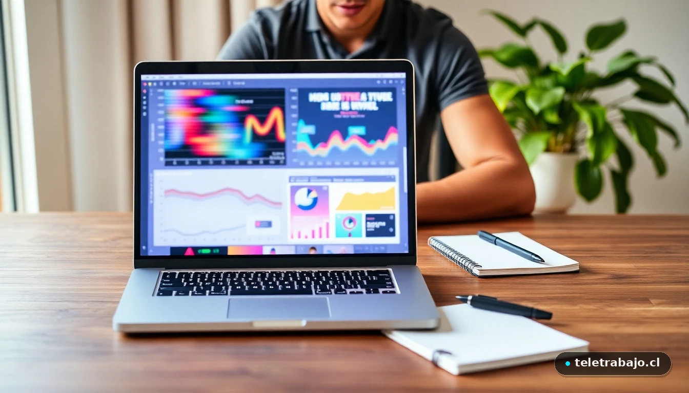 Escritorio moderno con laptop mostrando gráficos de datos abstractos para la planificación de carrera profesional.