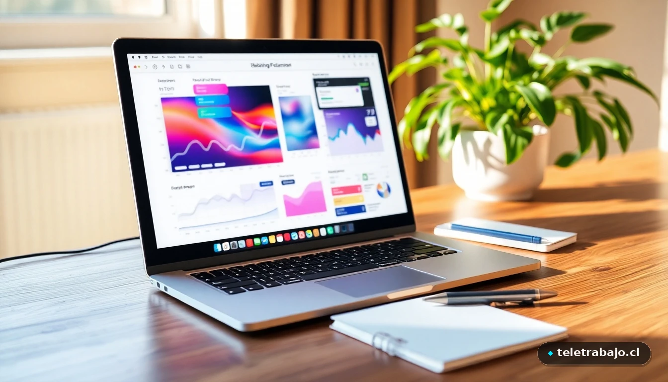 Escritorio moderno con laptop mostrando gráficos de datos, representando la planificación profesional a los 50 años.