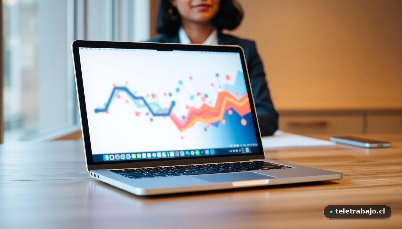 Concepto visual de dinámicas laborales complejas representadas por un gráfico abstracto de datos en una laptop.