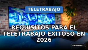 Imagen conceptual moderna de un escritorio de teletrabajo futurista con monitores que muestran gráficos abstractos, representando los requisitos laborales para el año 2026.