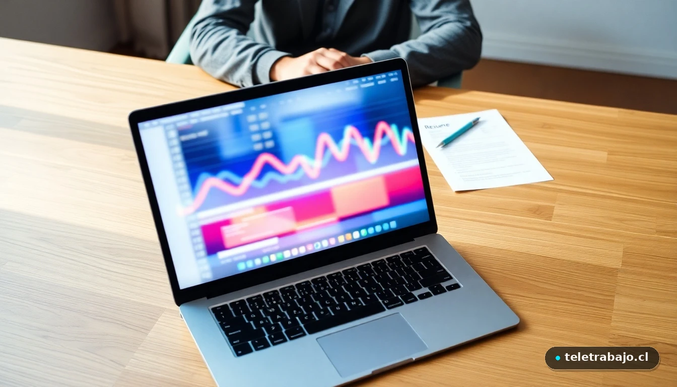 Laptop mostrando gráficos de datos abstractos junto a un currículum impreso en un escritorio moderno.