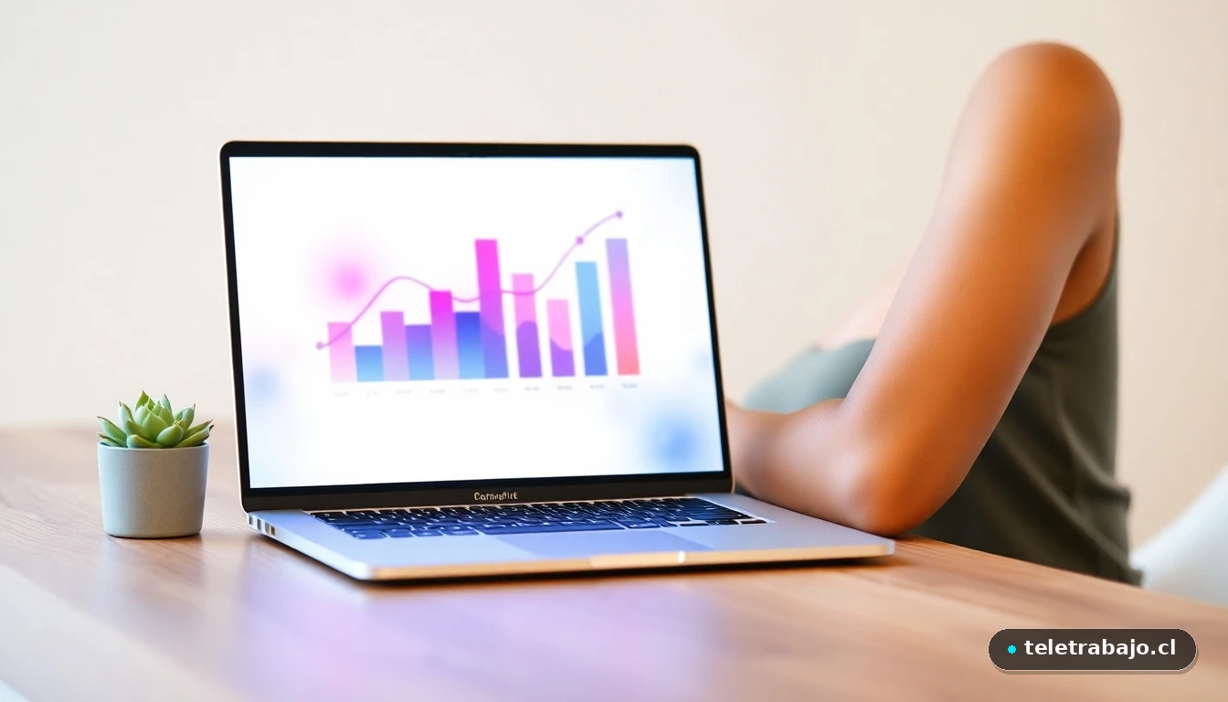 Mujer profesional analizando datos de crecimiento y diversidad en su portátil en una oficina moderna.