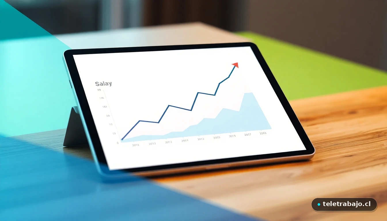 Gráfico abstracto y colorido mostrando la evolución del salario mínimo en Chile en una pantalla de tablet.