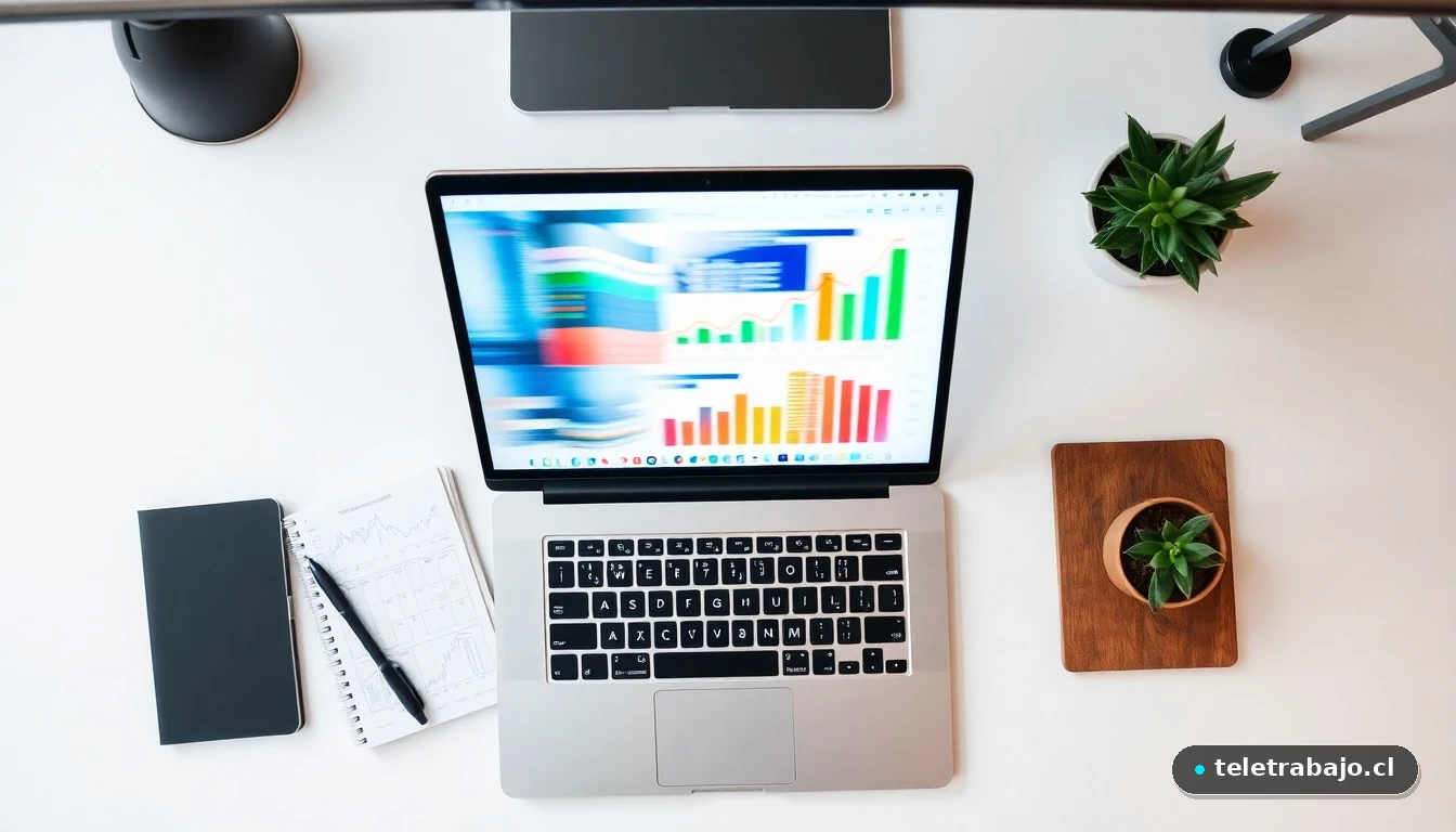 Vista aérea de un escritorio moderno con gráficos financieros abstractos en la pantalla de un portátil, representando la gestión económica de un autónomo.