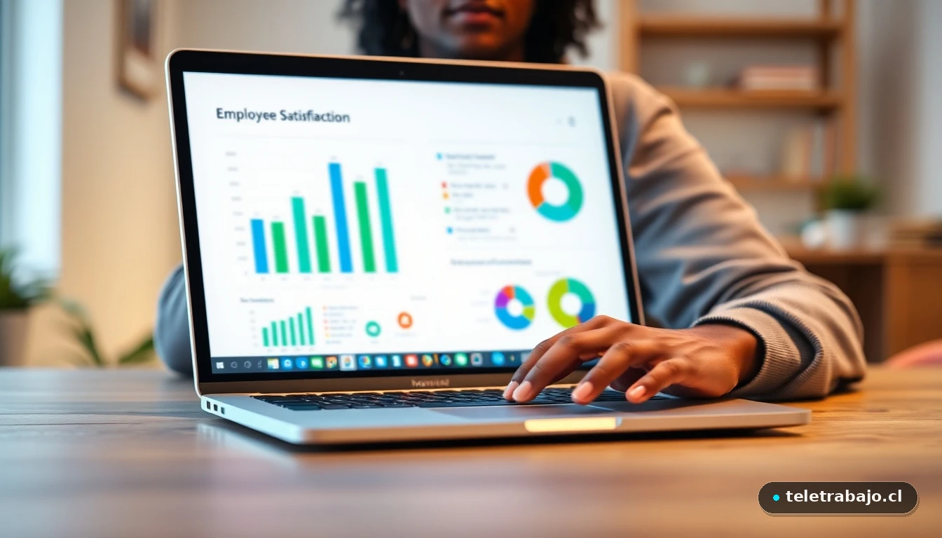 Visualización abstracta de datos sobre satisfacción laboral en una pantalla de portátil, mostrando gráficos de colores en un escritorio moderno.