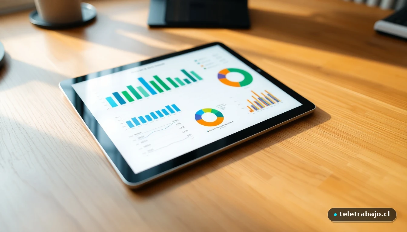 Gráficos abstractos de colores mostrando estadísticas de satisfacción laboral y bienestar en el trabajo en una tableta moderna.