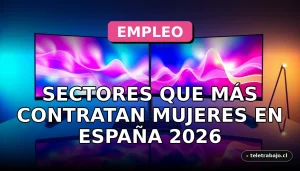 Gráficos abstractos de colores en pantallas de ordenador sobre un escritorio moderno, representando sectores laborales con alta contratación femenina en España.