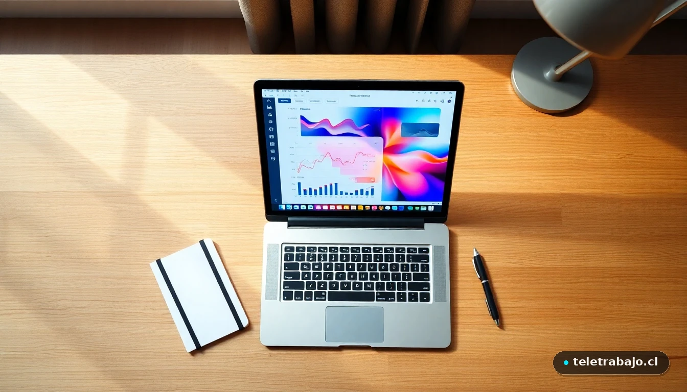 Vista aérea de un escritorio moderno para teletrabajo con herramientas digitales de un setter remoto