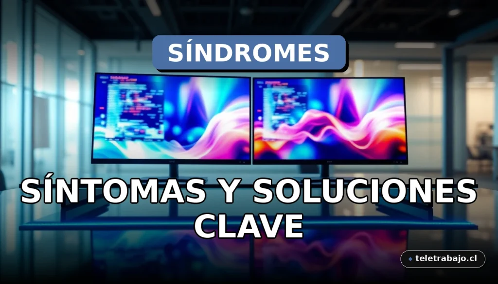 Síndromes laborales modernos en la oficina con gráficos abstractos en pantallas y ambiente profesional.