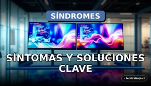 Síndromes laborales modernos en la oficina con gráficos abstractos en pantallas y ambiente profesional.