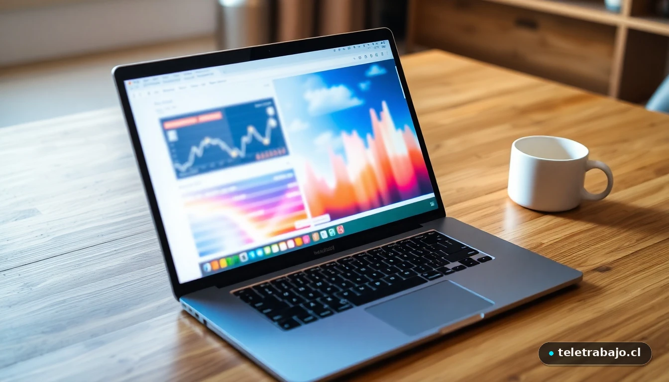 Laptop mostrando gráficos abstractos de productividad y equilibrio laboral en un escritorio moderno.