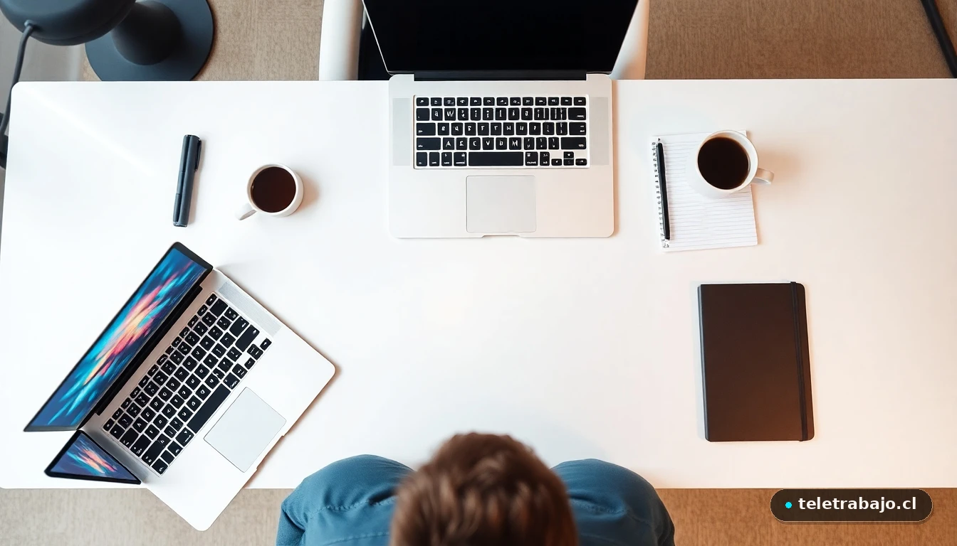 Vista aérea de un escritorio moderno para smart working con dispositivos mostrando gráficos abstractos de productividad.