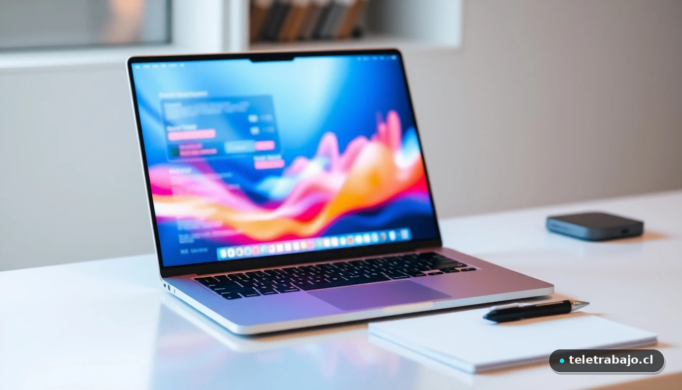 Laptop mostrando gráficos abstractos de datos sobre subsidios y desempleo en una mesa de trabajo moderna.