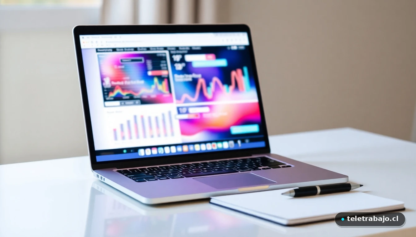 Escritorio moderno con laptop mostrando gráficos abstractos, representando la superación de dudas profesionales.