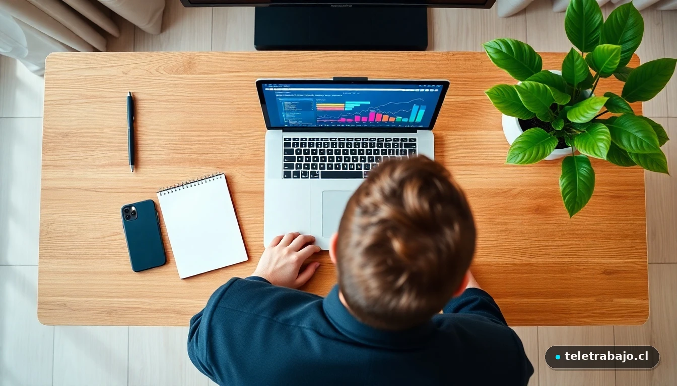 Vista superior de un escritorio moderno de home office con laptop mostrando gráficos de datos abstractos, ideal para profesionales con experiencia.
