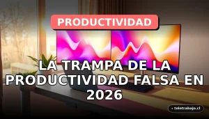 Concepto visual de la trampa de la productividad falsa en el trabajo moderno, mostrando un escritorio de oficina en casa con pantallas que muestran gráficos abstractos.