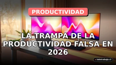 Concepto visual de la trampa de la productividad falsa en el trabajo moderno, mostrando un escritorio de oficina en casa con pantallas que muestran gráficos abstractos.