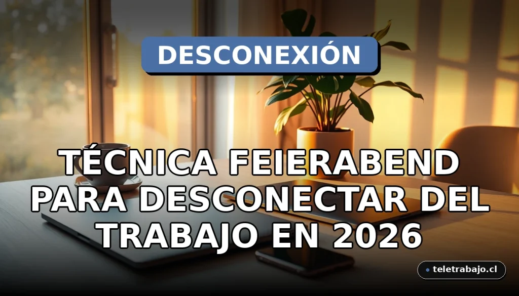 Técnica Feierabend para desconectar del trabajo mostrada en un hogar moderno con oficina ordenada y luz cálida al atardecer.