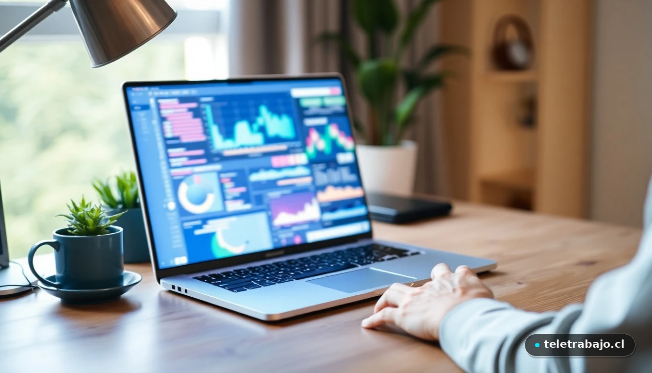 Escritorio moderno con laptop cerrada mostrando gráficos abstractos, simbolizando la desconexión digital y el fin de la jornada laboral.