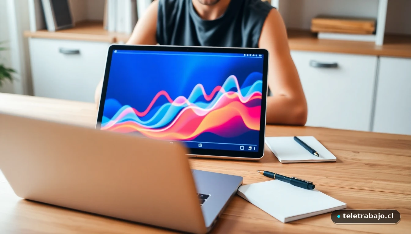 Persona trabajando en un escritorio organizado con una gráfica de datos abstracta en una tablet, representando el enfoque y la productividad.