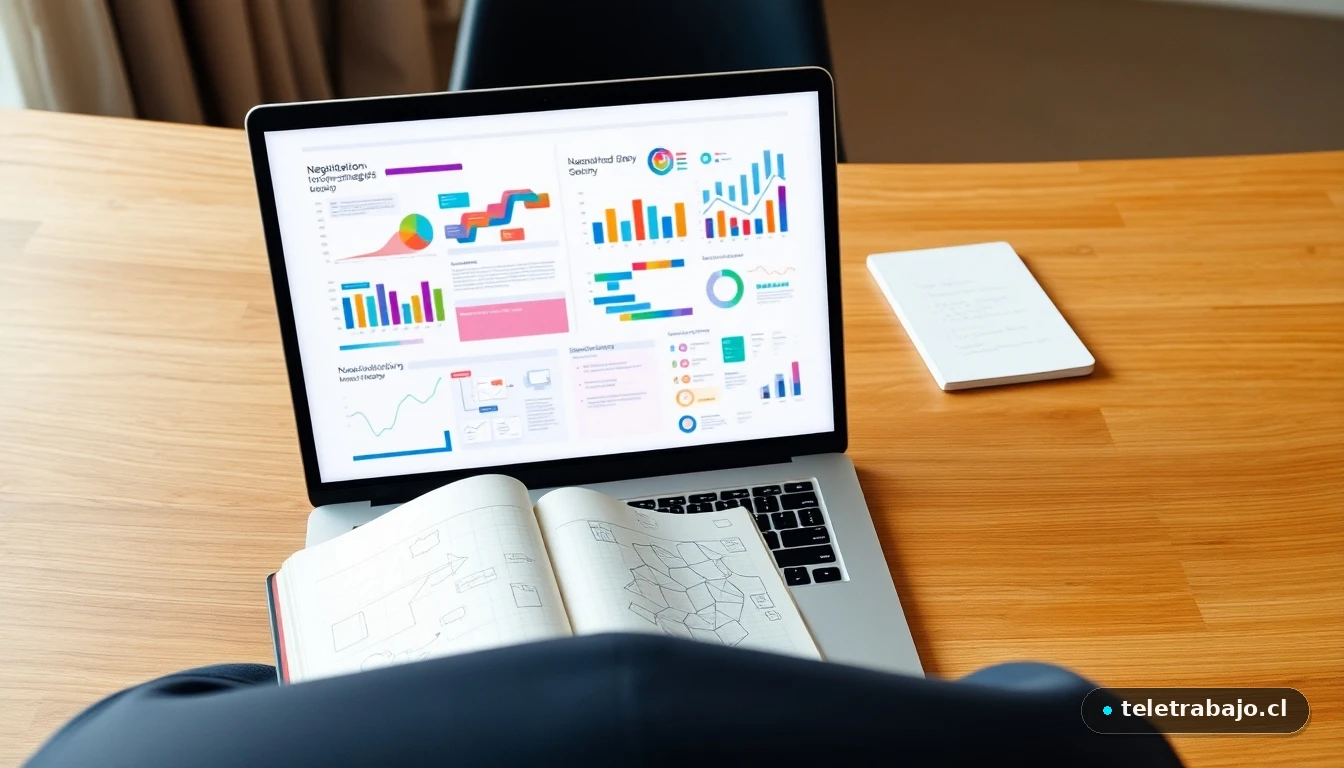 Representación visual abstracta de estrategias y flujos de negociación en una pantalla de portátil en un entorno de trabajo moderno.