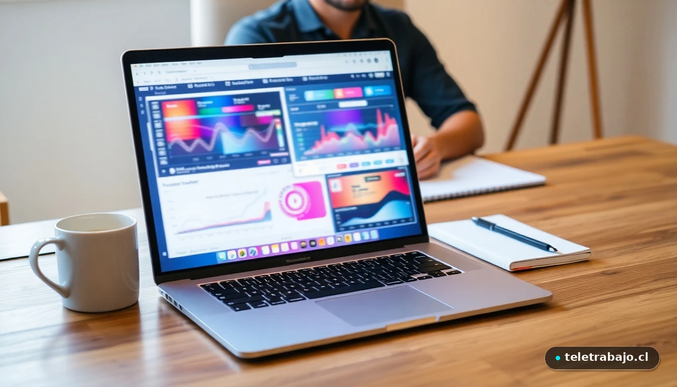 Oficina en casa moderna para un teleoperador, con portátil mostrando gráficos de datos abstractos y coloridos.