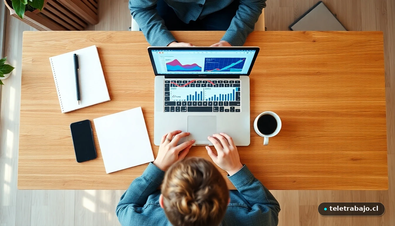 Vista aérea de un escritorio moderno para trabajo a distancia con laptop mostrando gráficos abstractos de colores.