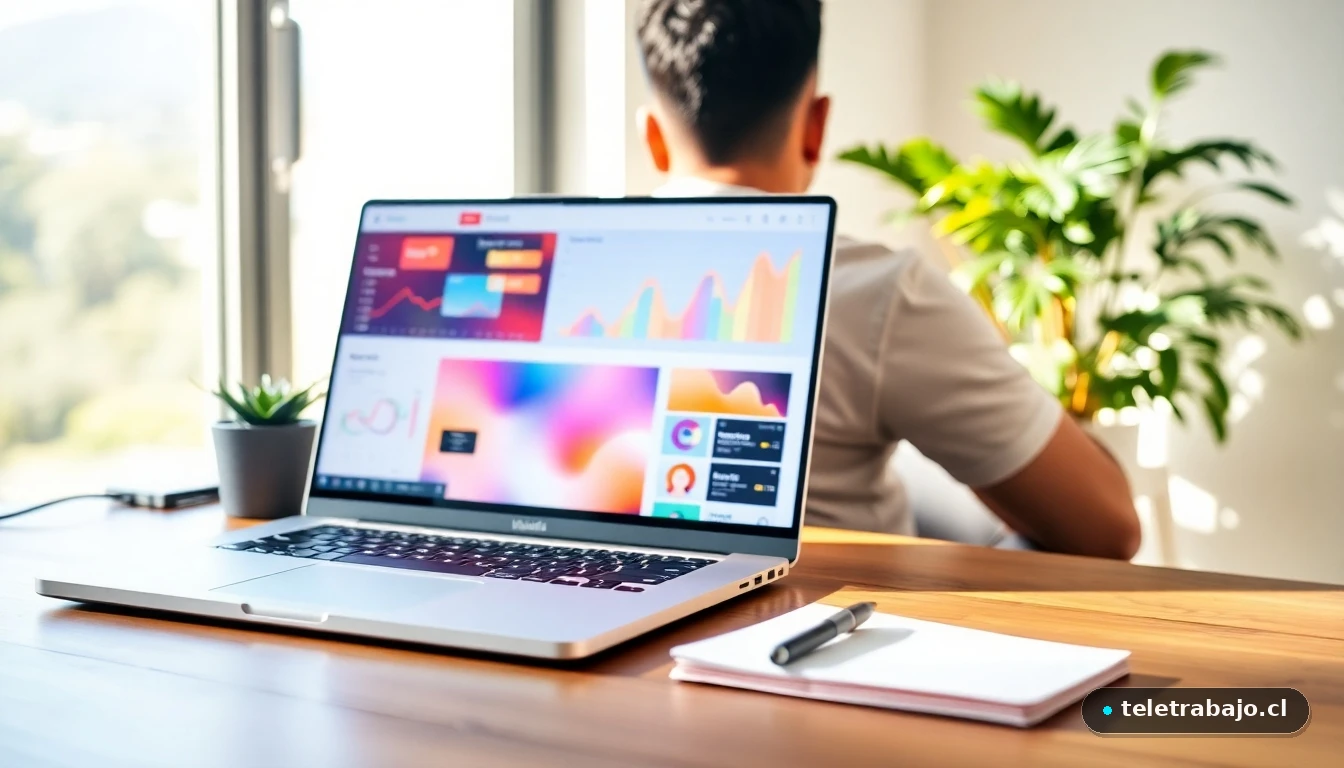 Escritorio moderno de teletrabajo con gráficos de productividad en la pantalla del portátil