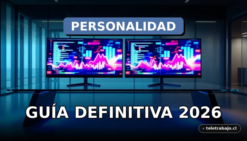 Test de personalidad laboral y evaluación profesional en oficina moderna con gráficos abstractos en pantalla