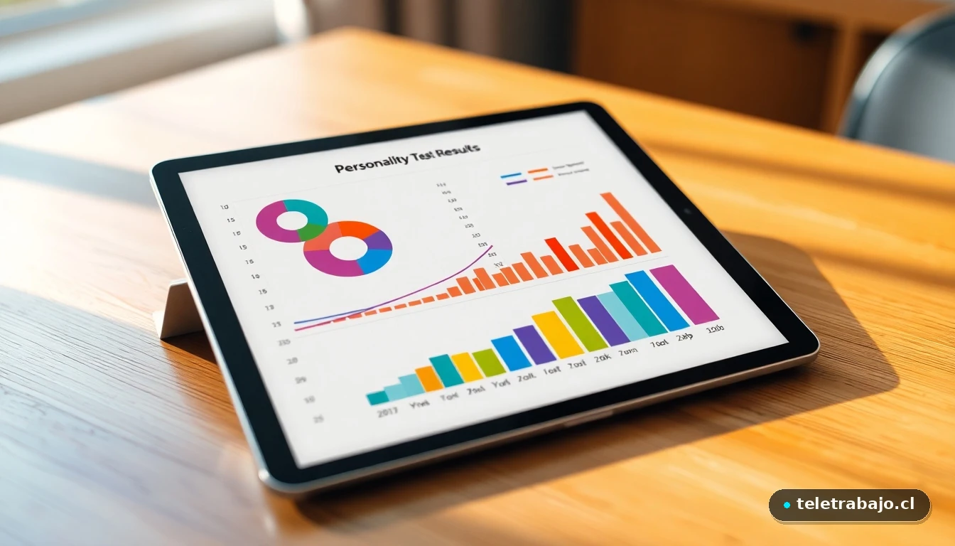 Gráfico abstracto de resultados de un test de personalidad laboral mostrando diferentes colores y formas en una tablet.
