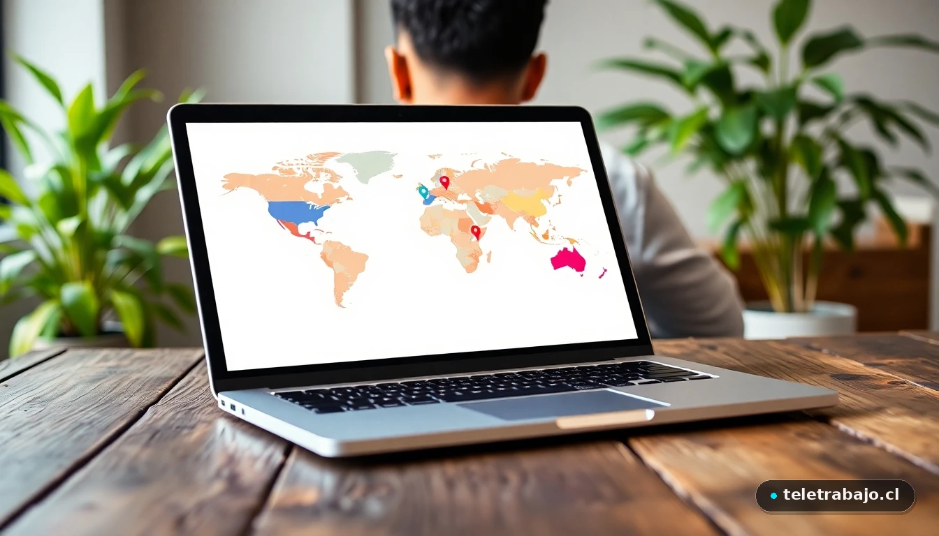 Pantalla de portátil mostrando un mapa mundial con ubicaciones de proyectos de voluntariado, sobre una mesa de madera.