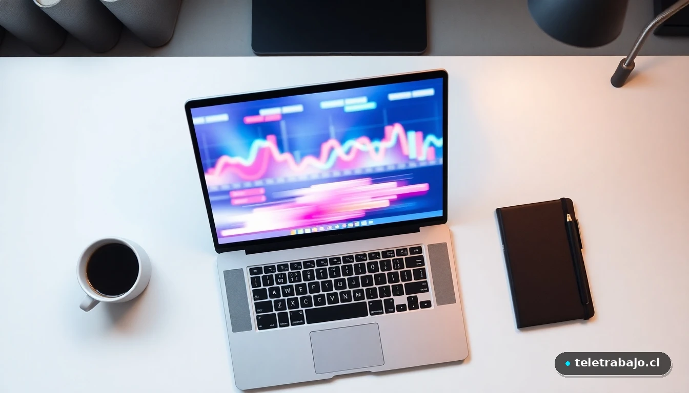 Portátil mostrando gráficos abstractos de datos sobre la mesa, representando la evolución de los puestos de trabajo.