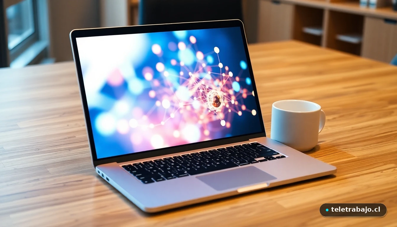 Laptop mostrando un gráfico de red abstracto y colorido que simboliza la conexión entre candidatos y oportunidades laborales.