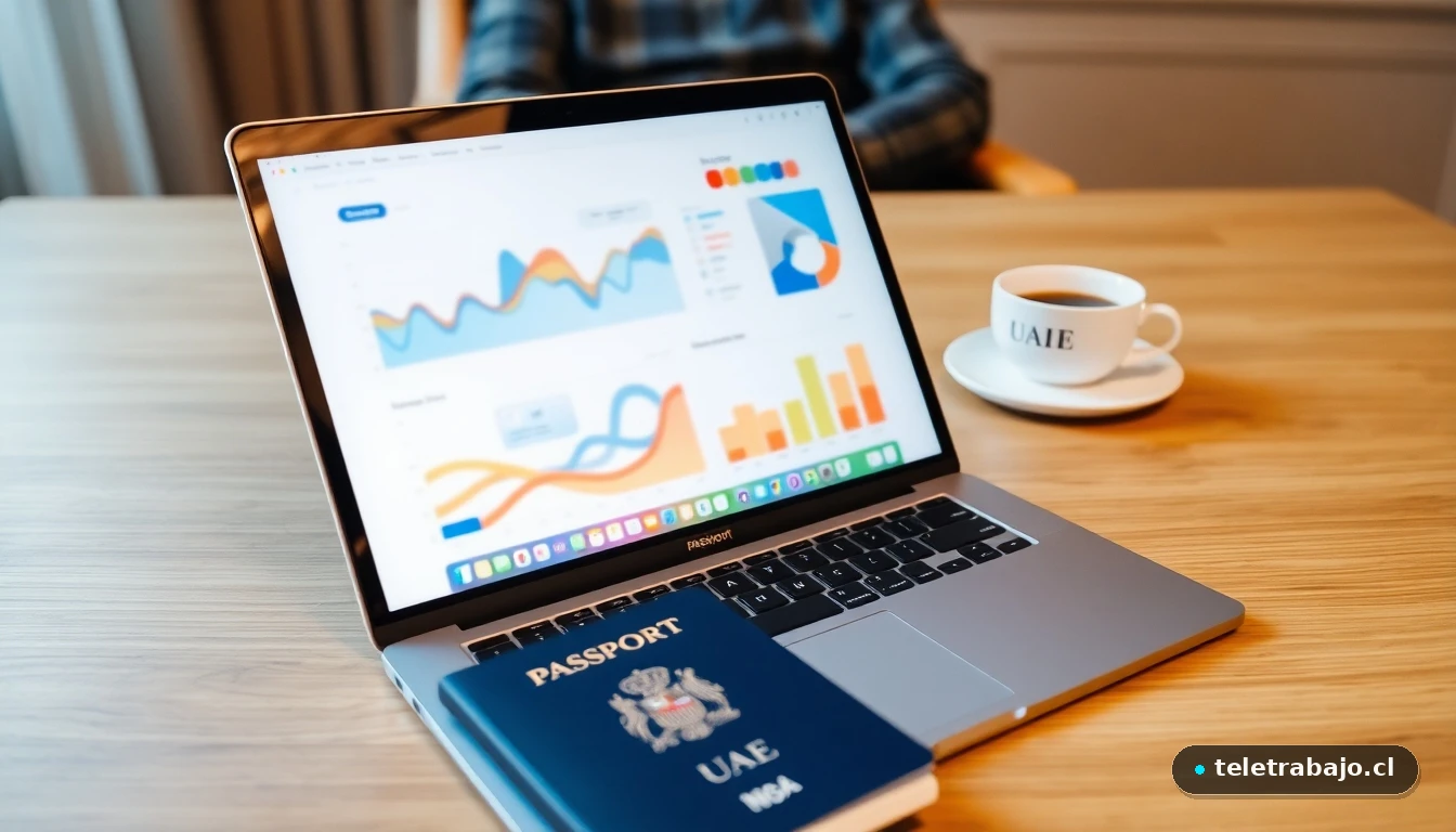 Portátil mostrando gráficos de datos abstractos junto a un pasaporte español con visado de los Emiratos Árabes Unidos en un escritorio moderno.