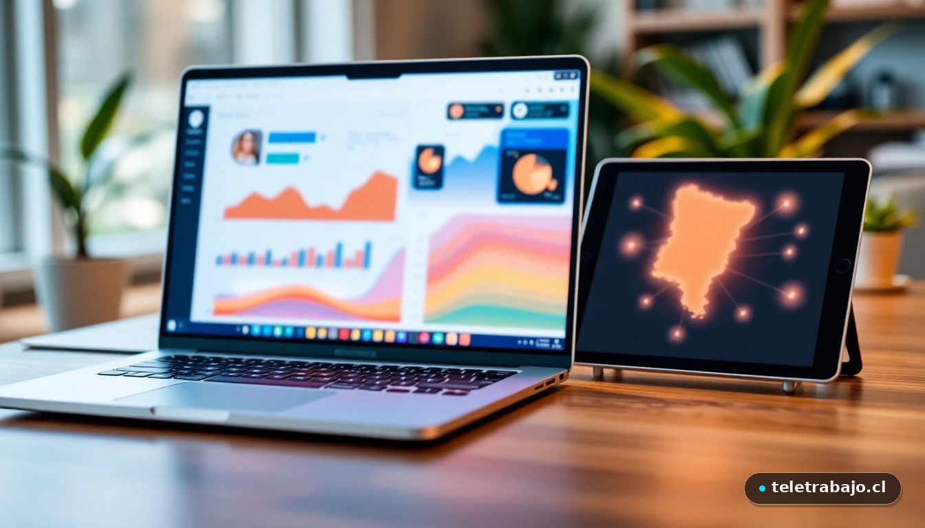 Dispositivos tecnológicos mostrando un dashboard abstracto y un mapa de Chile, representando la búsqueda de empleo público digital.