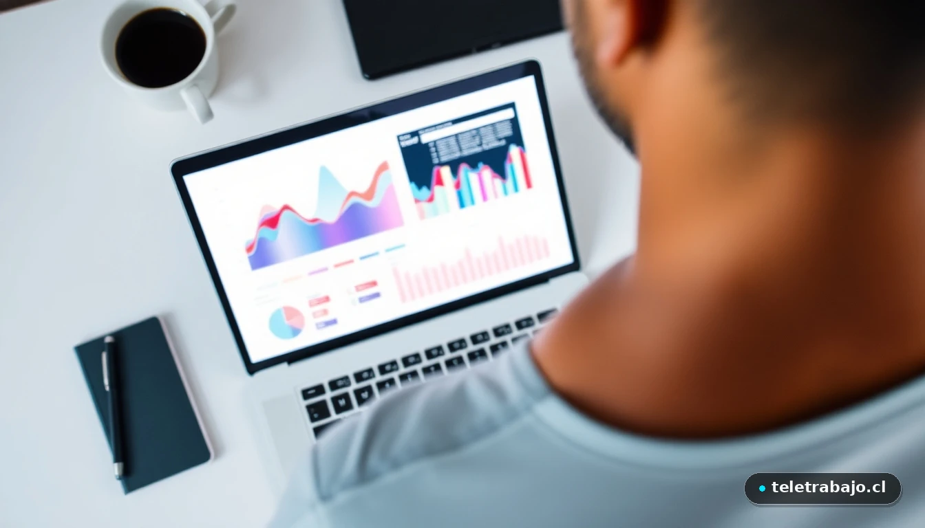 Escritorio moderno con laptop mostrando gráficos de datos sobre oportunidades laborales en Irlanda